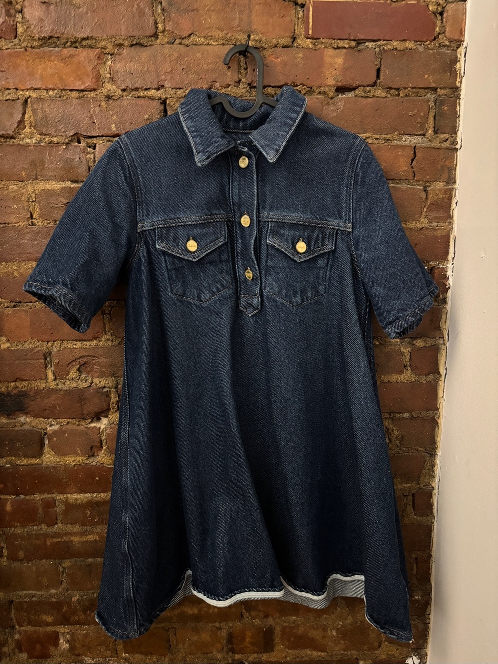 GANNI Women’s Dark Blue Denim Shift Dress with Button Front